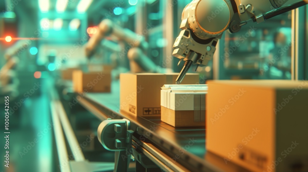 Poster a robotic arm picks up and places packages on a conveyor belt in a high-tech factory. the soft blue 