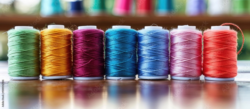 Poster a vibrant array of colored sewing thread spools lined up on a table showcasing materials for sewing 