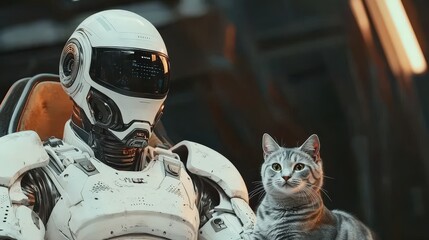 Obraz premium Futuristic Cyborg with Silver Cat in Post Apocalyptic Setting