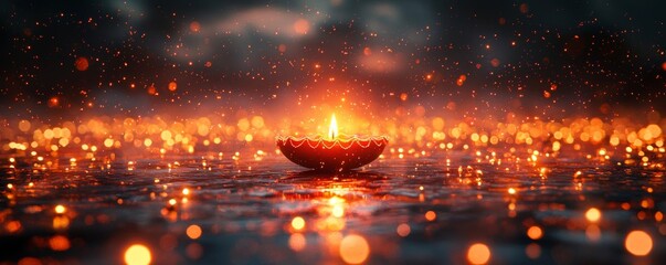 Fototapeta premium Diwali lamp, glowing with bokeh lights in the background, 3D illustration