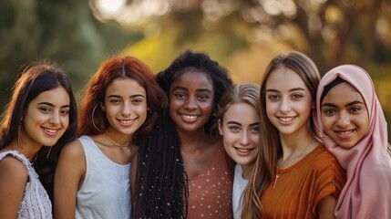Obraz premium A multicultural group of young women, all smiling and standing in a friendly manner