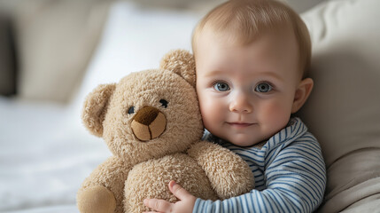 A photostock image of a baby holding a soft plush toy