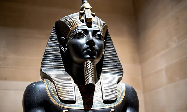 The ebony statue of Osiris is a majestic and timeless depiction, with serene power and intricate hieroglyphs.