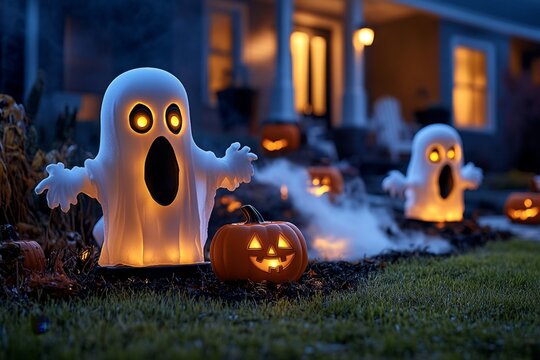Spooky animated decorations in a Halloween yard, with ghostly figures moving, glowing eyes in the dark, and fog machines adding an eerie effect