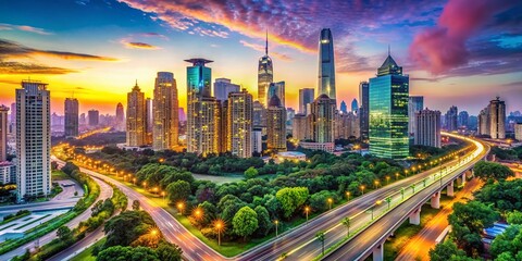Naklejka premium Urbanization Showcase: Modern Cityscape with Skyscrapers, Roads, and Green Spaces in Harmony