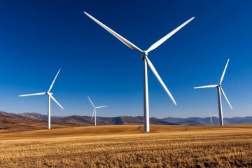Wind turbines in a field, with every blade and part of the turbines vividly detailed, captured against a clear blue sky