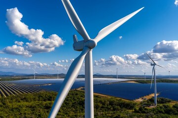 Workers maintaining wind turbines, with a view of solar farms in the background, showcasing the integration of renewable energy sources