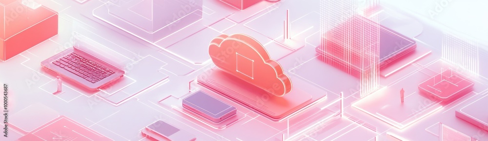 Poster digital cloud computing concept with devices and connections in a modern design.