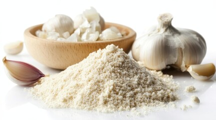 Fototapeta premium Garlic powder on white background, product photography, studio light, high resolution photography