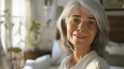 Fototapeta premium A realistic, lifelike image of a cheerful older woman with shoulder-length white hair