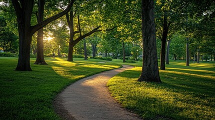 Obraz premium A serene park path winding through lush greenery, illuminated by soft sunlight.