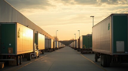 Obraz premium Trucks lined up in a distribution center during sunset, showcasing industrial logistics.