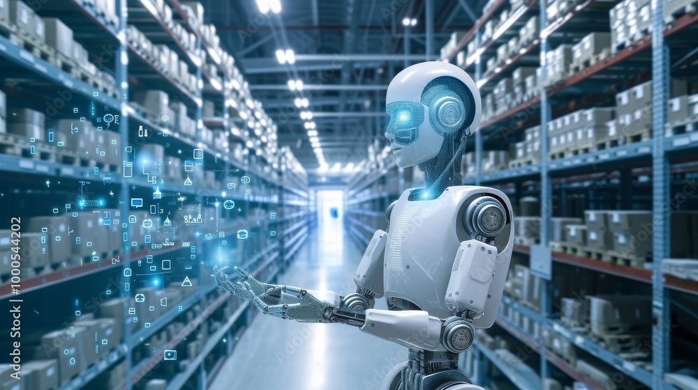 Poster A high-tech robot interacts with a glowing digital interface within a well-organized warehouse. The scene highlights advanced automation and robotics systems used for optimizing inventory control and