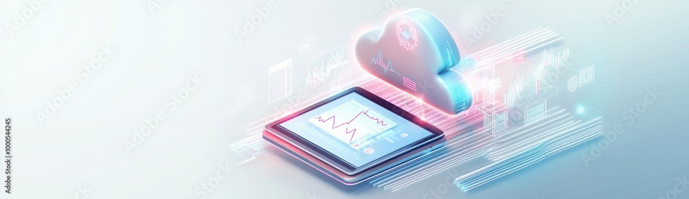 Poster digital healthcare concept with data visualization and cloud storage.