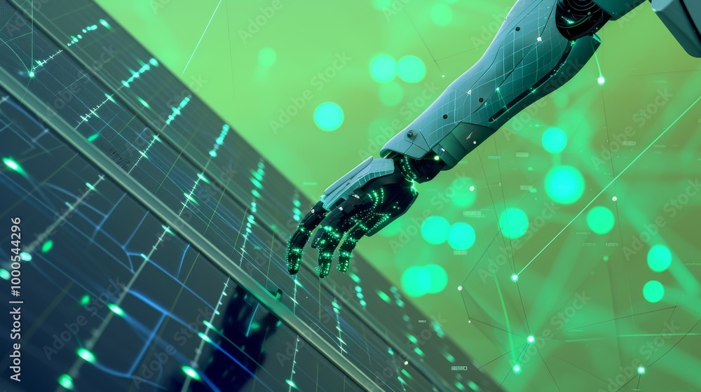 Aufkleber a close-up of a robotic hand interacting with a solar panel in a digitally enhanced green setting, r