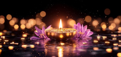 Obraz premium A festive Diwali night with a glowing lamp, soft bokeh lights, and an elegant floral display