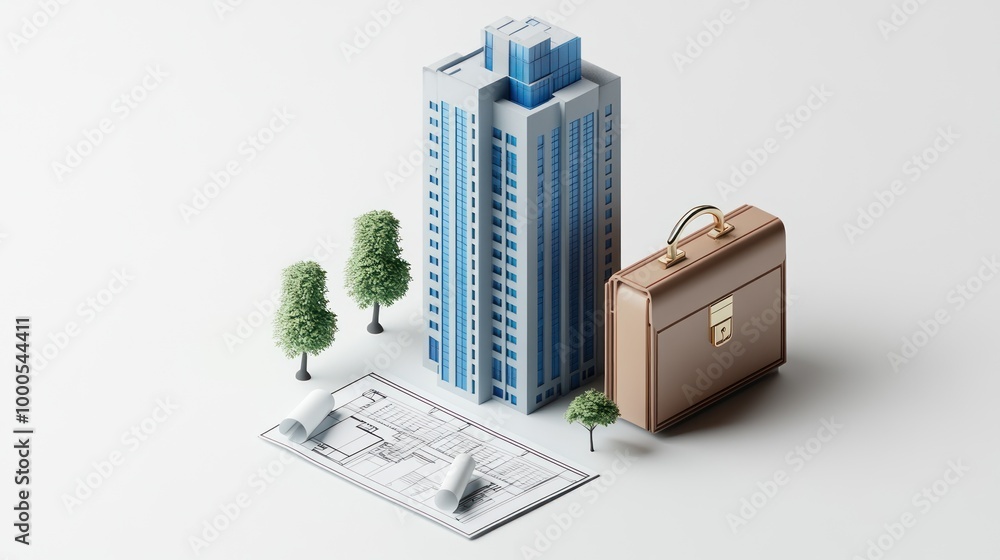 Aufkleber a modern building model with a briefcase and blueprints, symbolizing business and architecture.