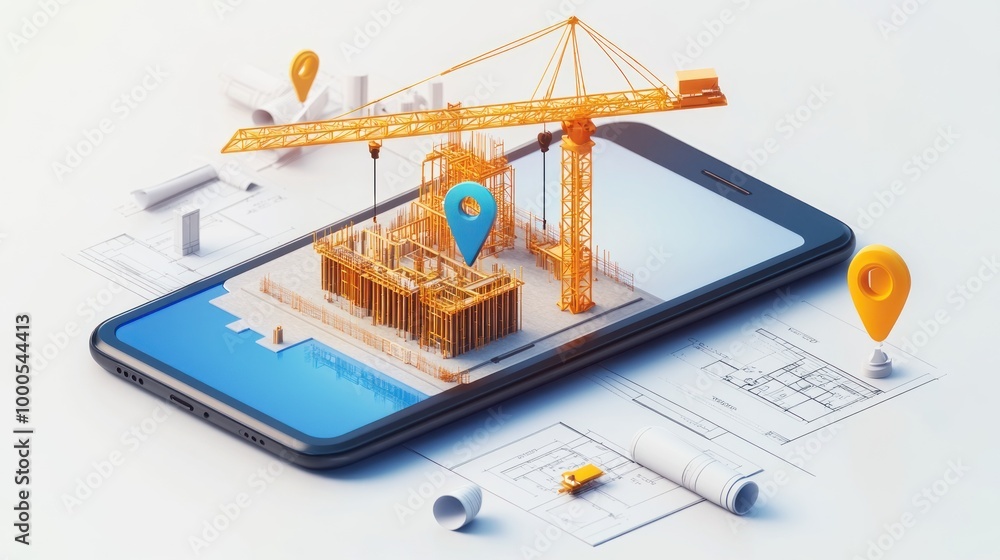 Poster a smartphone displaying a construction site model with blueprints and location markers.