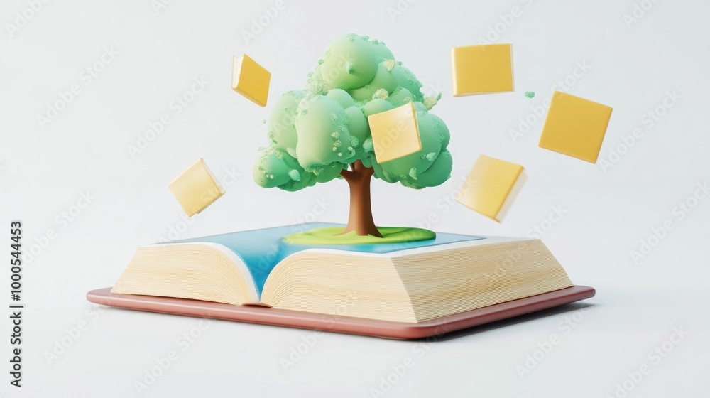 Poster a stylized open book with a tree and floating squares, symbolizing knowledge and growth.