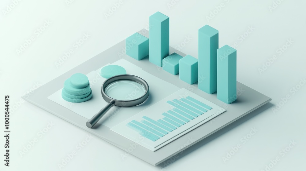 Aufkleber a 3d representation of data analysis with charts and a magnifying glass.