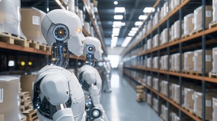 Fototapeta premium A group of humanoid robots operates efficiently in an automated warehouse, surrounded by shelves filled with goods. The robots, designed with advanced AI, manage inventory in a futuristic setting