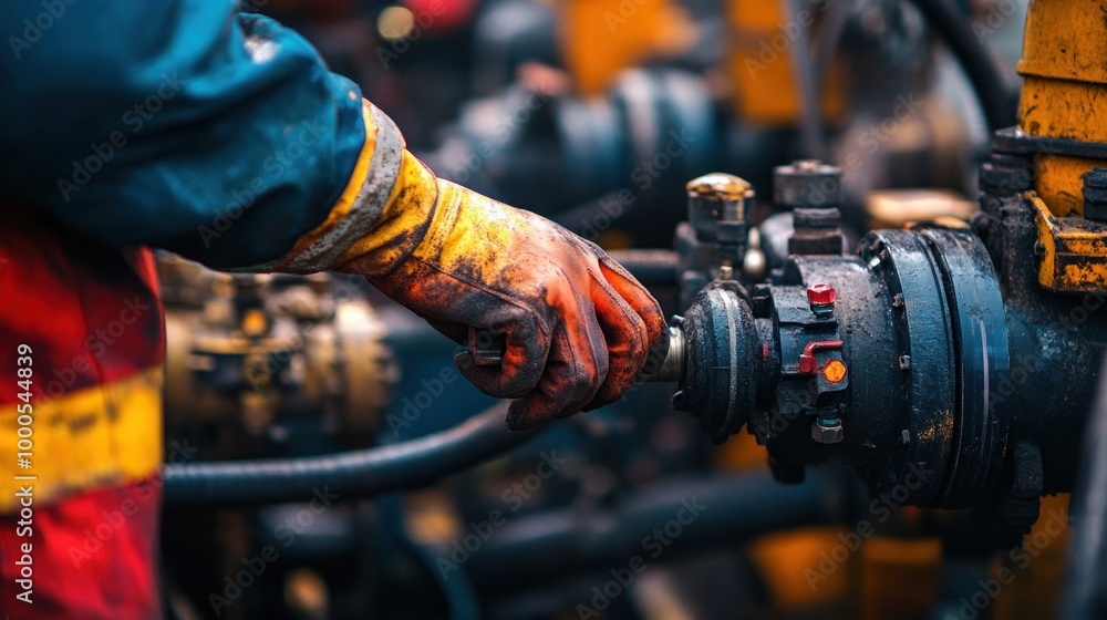 Canvas Prints A worker's hand adjusts machinery in an industrial setting, showcasing hands-on maintenance.