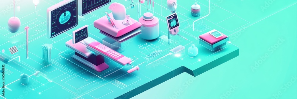 Poster futuristic digital interface with scientific instruments and data displays.
