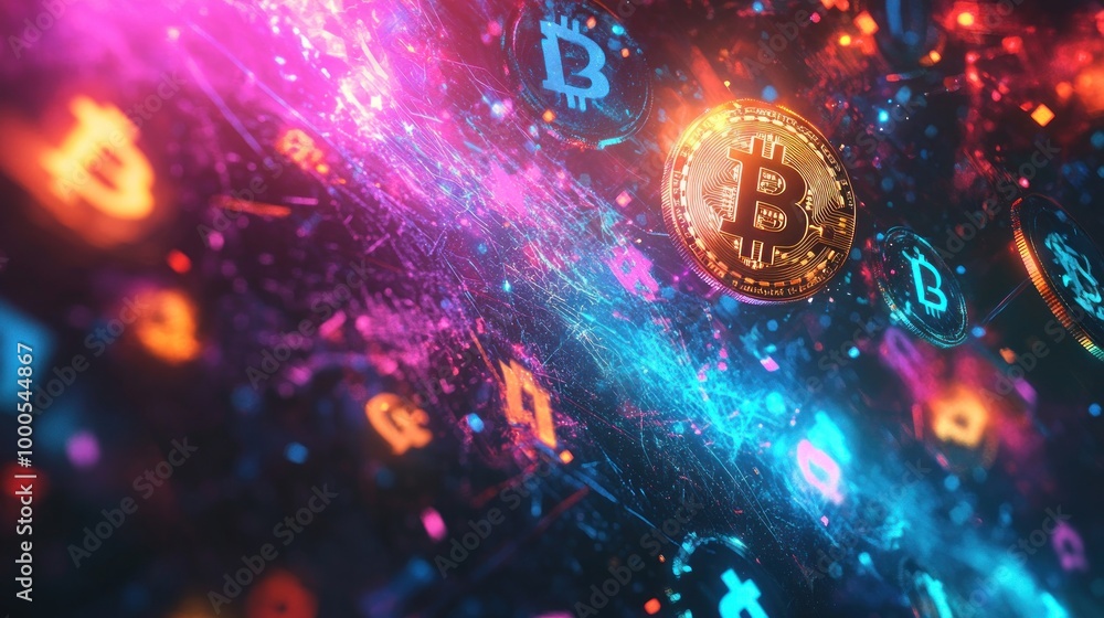 Poster a vibrant digital representation of bitcoin symbols amidst colorful abstract patterns.