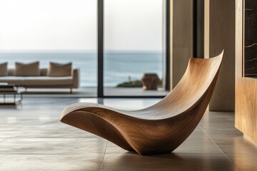 A sculptural wooden lounge chair in a modern interior with ocean views.