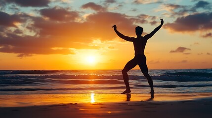 Fototapeta premium Silhouette of a man with arms raised in the air on a beach at sunset.