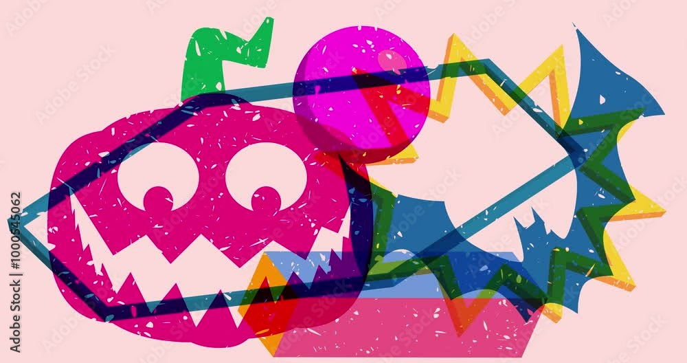 Aufkleber risograph jack o' lantern and bat with geometric shapes animation. moving object in trendy riso grap