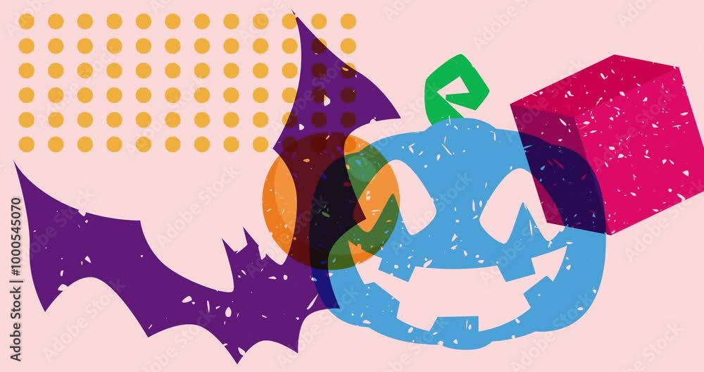 Aufkleber risograph jack o' lantern and bat with geometric shapes animation. moving object in trendy riso grap