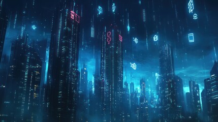 A futuristic cityscape illuminated by digital symbols against a dark, rainy backdrop.