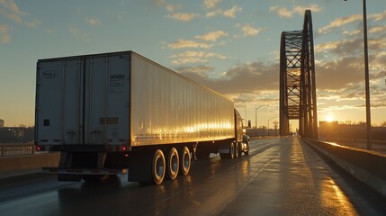 Obraz premium A truck crosses a bridge at sunset, highlighting transportation and infrastructure.