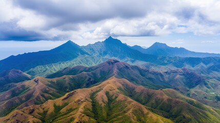 Fototapeta premium Aerial drone view of rugged mountains, showcasing the stunning natural terrain and scenic vistas, perfect for travel, tourism, and adventure-themed content. High resolution Illustration, in the style