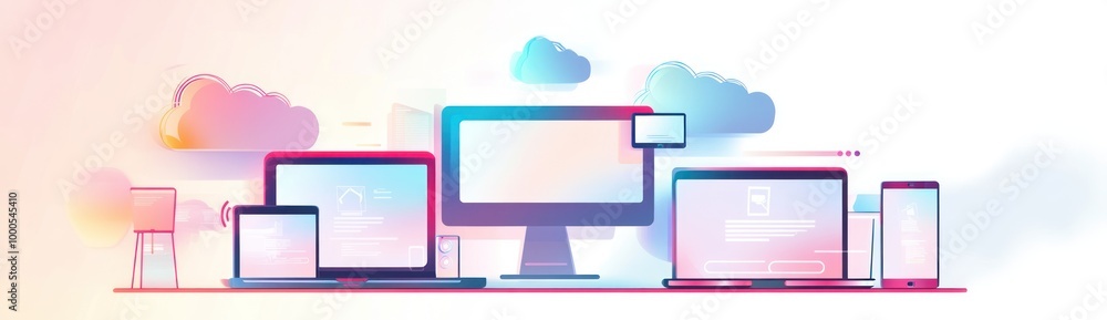 Aufkleber a colorful digital illustration of various devices displaying content in a modern workspace.