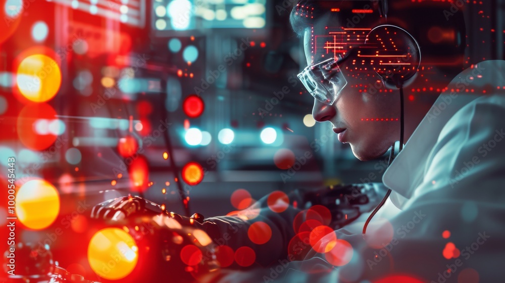 Poster an engineer wearing a headset works intently on a circuit board surrounded by red-tinted holographic