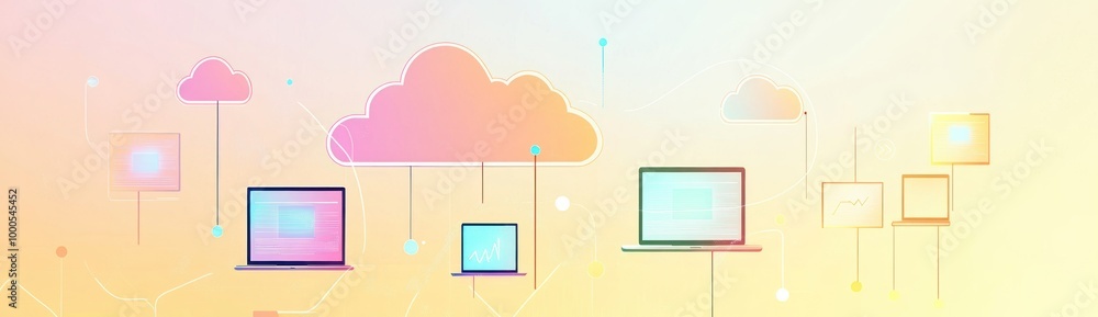 Poster digital illustration depicting cloud computing with devices and data visualization elements.