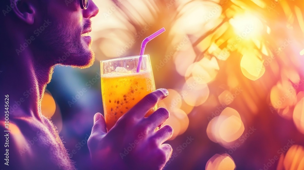 Poster a man enjoys a refreshing drink while basking in the warm glow of a sunset.
