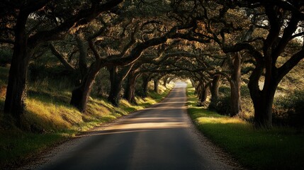 Naklejka premium A serene road lined with majestic trees, inviting exploration and tranquility.