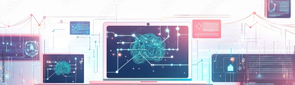 Poster digital representation of a brain with technology elements, symbolizing ai and data processing.