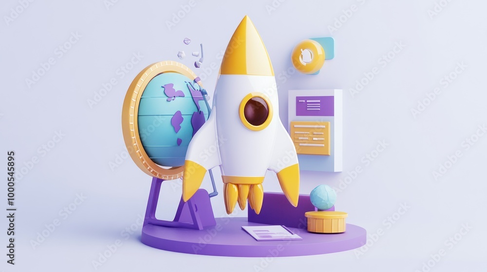 Poster a stylized rocket model next to a globe and informational panels, symbolizing exploration.