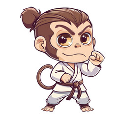 Obraz premium A cartoon monkey wearing a white karate uniform with a black belt, standing in a fighting stance.