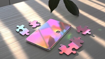 A colorful phone surrounded by puzzle pieces on a wooden surface.