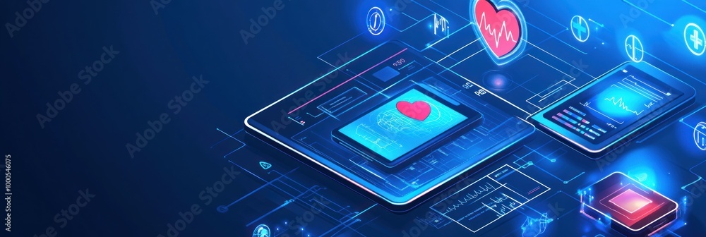 Aufkleber digital health interface with devices showcasing health monitoring symbols and data.