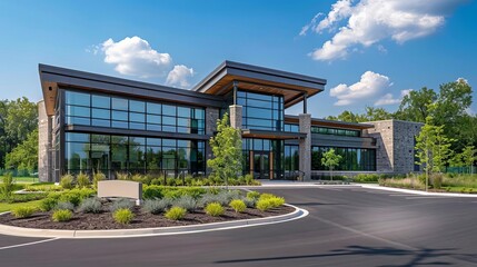 Modern architectural building with green landscaping.
