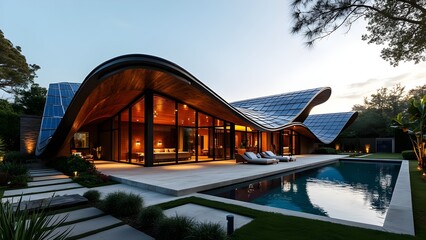 Obraz premium Modern Home with Curved Design, Solar Panels, and Pool