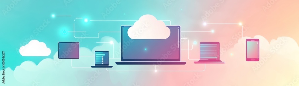 Poster digital illustration of cloud computing with devices connected to a central cloud.
