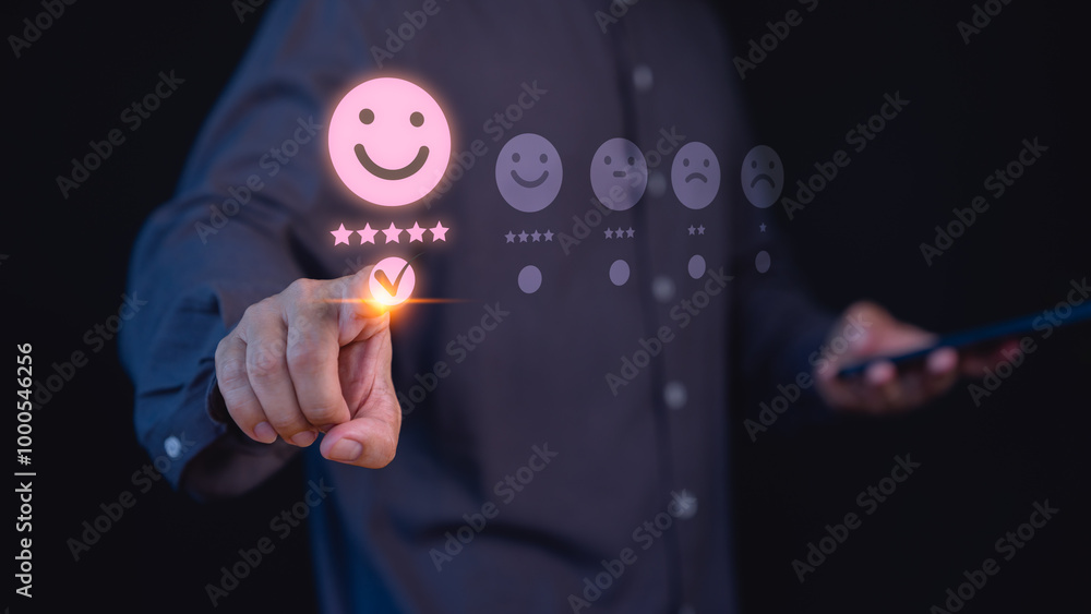 Aufkleber person selects a happy face with a five-star rating, symbolizing customer satisfaction, feedback, an