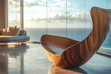 A modern wooden chair in a serene room with a view of the ocean.